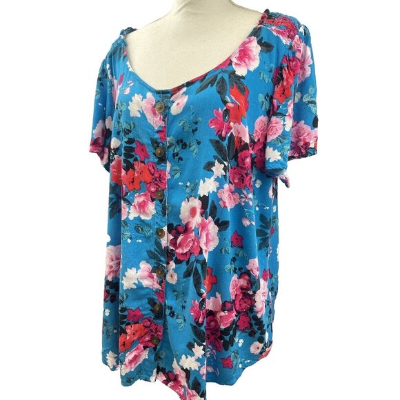 Torrid Women's Floral Rayon Slub Button-Front Flutter Sleeve Top 2 Plus Size - Picture 13 of 15